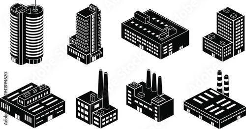 Monochrome isometric icons depict various commercial buildings including factories and high-rise corporate towers for urban planning.