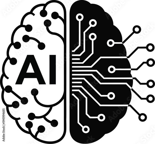 Conceptual graphic illustrates artificial intelligence merging human biological brain structure with digital circuit board pathways in.