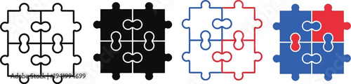 Four versions of interlocking puzzle pieces demonstrate connection and teamwork, ranging from simple outline to solid red and blue.