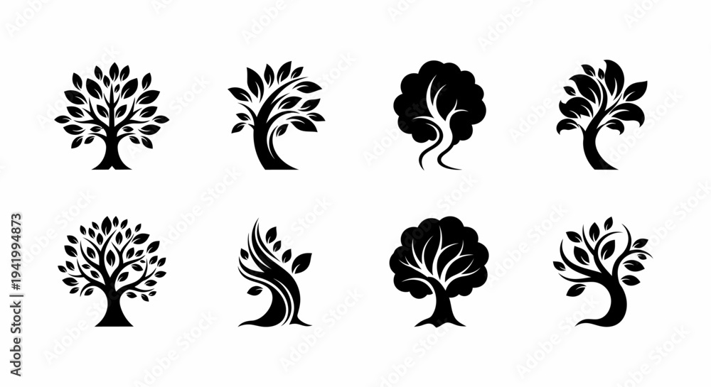 Fototapeta premium Various Black Tree Silhouettes on White.