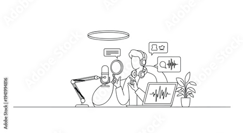 Vector illustration of a man working at a desk with computer and microphone