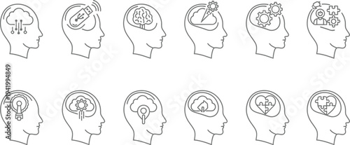 Outline icons depicting various human cognitive processes like thinking, problem-solving, and cloud computing integration are.
