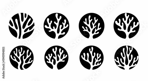 Collection of Coral Silhouettes in Circles.