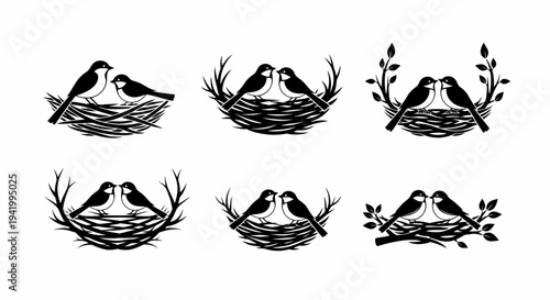 Set of Black and White Bird Nests.