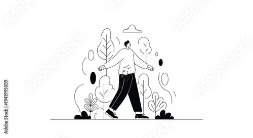 Vector illustration of man surrounded by floating objects and plants