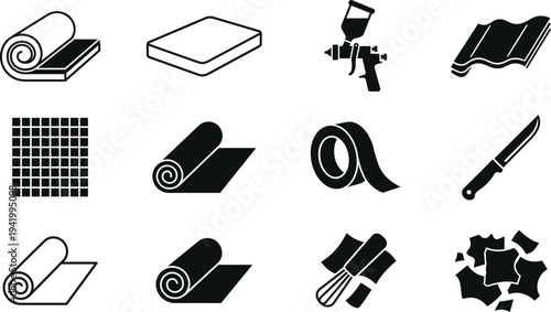 Roofing and flooring material icon set featuring insulation rolls spray gun tiles and utility knife for home construction renovation silhouettes vector isolated design