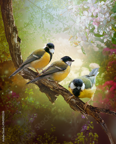 Flock of Tit Birds sitting on tree branch in fantasy mysterious spring garden with sakura bloom, fabulous fairy tale floral background with portrait of three cute little songbirds, beauty of nature.