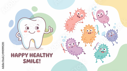 Cartoon Tooth Character with Germs Illustration.