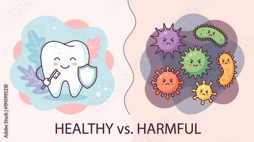 Healthy Tooth versus Harmful Bacteria Illustration.
