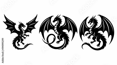 Black Dragon Illustrations in Various Poses.