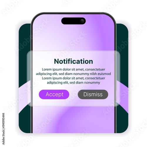 Smartphone Notification Popup Interface with Accept and Dismiss Buttons – Mobile App Alert Message Window on Phone Screen, Push Notification UI Design, Digital Communication Technology Vector Illustra