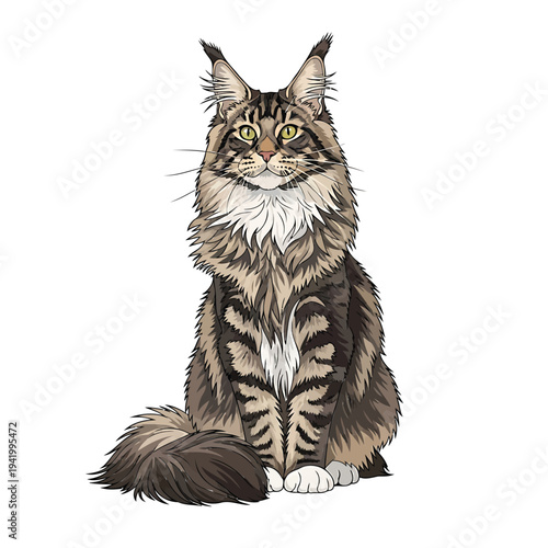 A majestic brown tabby cat sitting upright with striking green eyes and fluffy tail