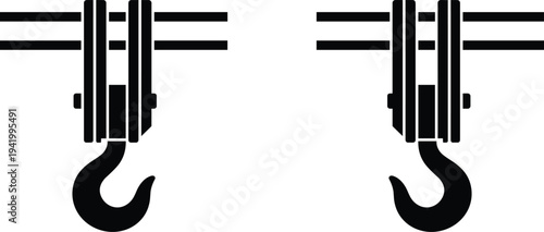 Industrial crane hook pulley system icon set for heavy lifting engineering logistics shipping warehouse manufacturing construction equipment steel metal hoist silhouettes vector isolated design