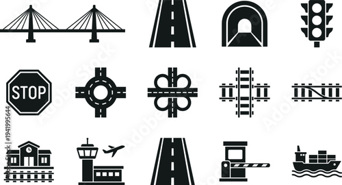 Transportation infrastructure icon set featuring bridge road tunnel traffic light railway airport and shipping for logistics engineering urban planning silhouettes vector isolated design