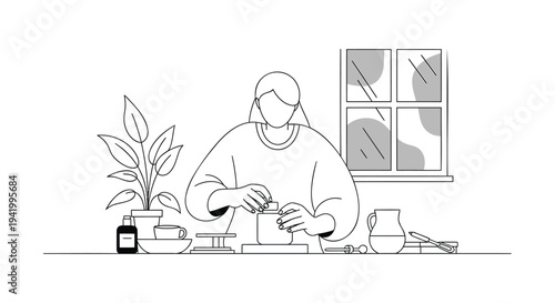 Vector illustration of a person working on a craft at a table with plant