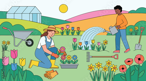 Gardening Harmony: Depicts two individuals, in a vibrant garden, diligently nurturing a diverse array of colorful flowers, embodying the essence of spring, and promoting a sense of well-being.