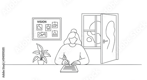 Vector illustration of a woman working at a desk with vision board and plant