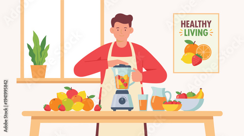 Healthy Living at Home: A person in a domestic kitchen enthusiastically preparing a nutrient-packed smoothie with fresh fruits, embodying the essence of healthy living.