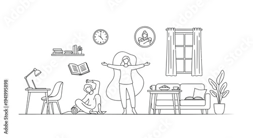 Vector illustration of people in living room with furniture and decor