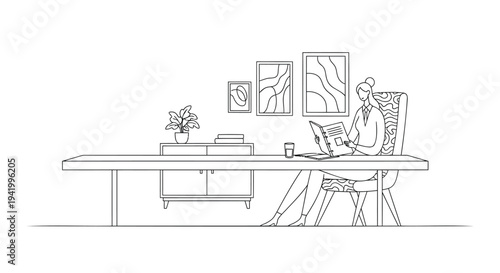 Vector illustration of a woman working on laptop at desk