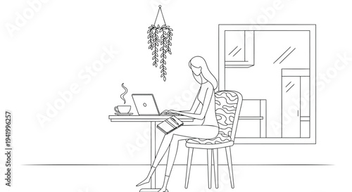 Vector illustration of woman working on laptop at desk