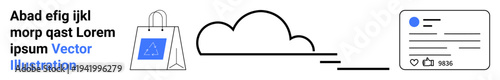 E-commerce, cloud storage, online shopping, digital profile, technology, data sharing. Shopping bag with profile card icons and a cloud. E-commerce and cloud storage visually