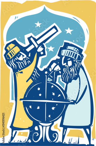 Woodcut style image of two arab astronomers working out the stars in the heavens 