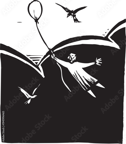 Woodcut style image of a woman being carried away by a child's balloon