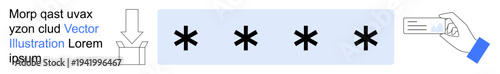 Data masking, digital privacy, access control, secure information, identity protection, cybersecurity. Asterisks replacing data and a hand holding a document. Data masking and digital privacy