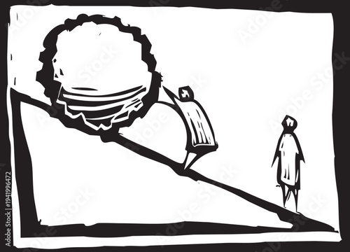 Man pushing a boulder up a hill