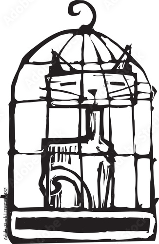 Woodcut style image of a cat in a birdcage