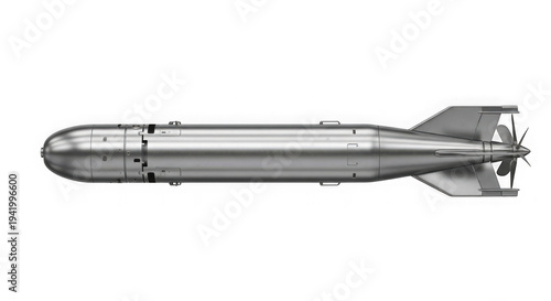 Gray metallic missile with fins and guidance system isolated on transparent background