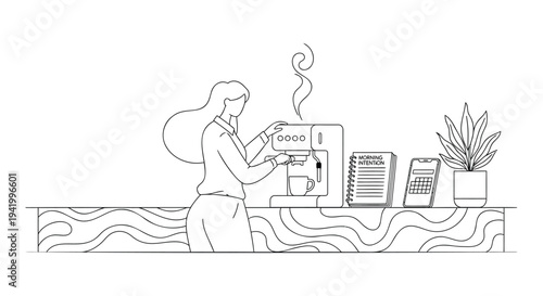 Vector illustration of woman making coffee at modern office desk