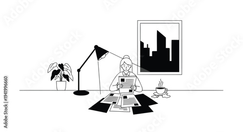 Vector illustration of astronaut sitting on moon with lamp, plant, and cityscape