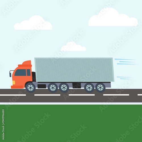 Fast moving container truck with wind lines for express delivery. Speed logistics transport vehicle.