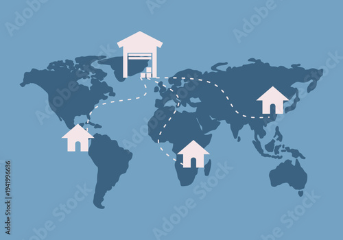 Map with dotted delivery route line from warehouse to house. GPS navigation logistics.
