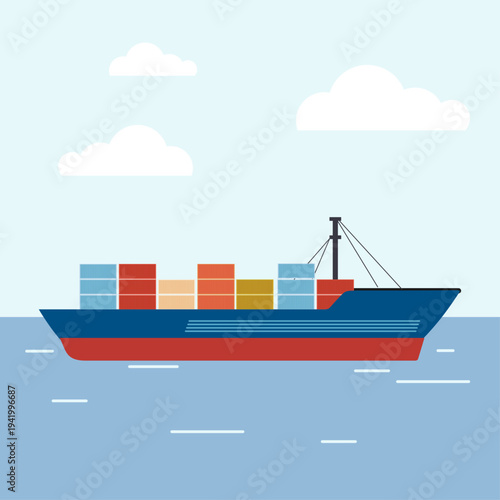 Cargo ship carrying stacks of colorful containers for maritime shipping. Ocean freight logistics transport.