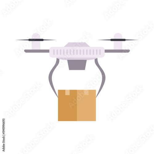 Drone carrying small package underneath for fast delivery. Aerial logistics quadcopter transport.