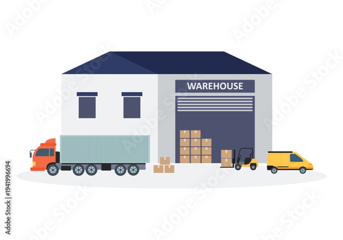Warehouse building exterior for logistics storage. Industrial distribution center facility.