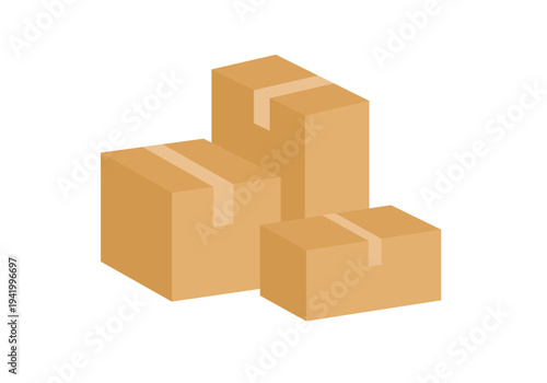 Stack of three cardboard package boxes with different sizes. Shipping parcels pile.