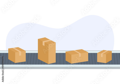 Conveyor belt carrying several packages in sequence. Factory automation line.