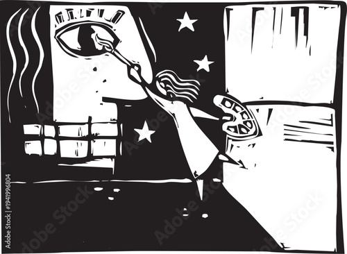 Woodcut style image of woman painting a mural