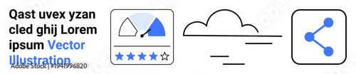 Performance evaluation, data analytics, cloud computing, sharing, tech apps, digital storage. A speedometer, cloud and share icon in minimalistic style. Performance evaluation and data analytics