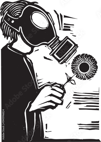 Woodcut style image of a man in a gas mask trying to smell a flower