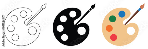 Artistic paint palette and brush vector set – classic and creative elements for school and studio, vector illustration in flat and outline styles, scalable graphics for art education