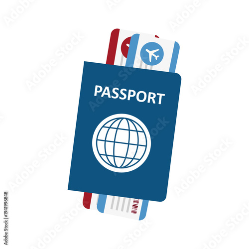 Open generic passport with airplane tickets inside. International travel document.
