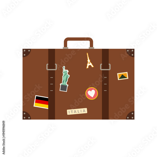 Vintage style suitcase with fictional travel stickers. Retro travel luggage.