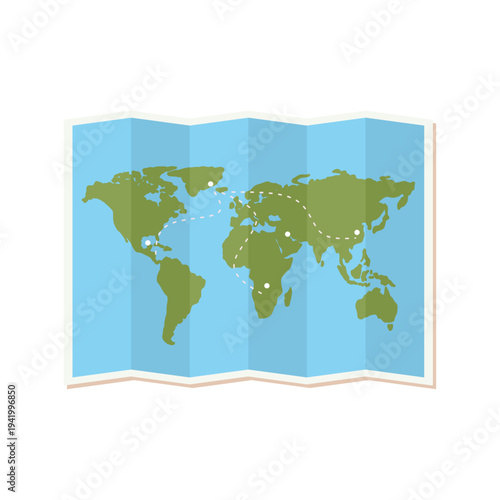 Folded world map with imaginary route lines. Navigation journey plan.