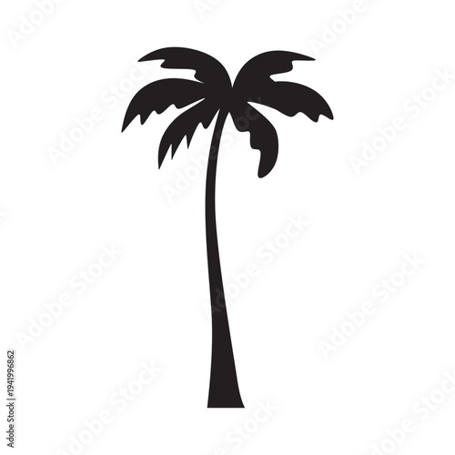 Silhouette of a curved palm tree isolated on white background