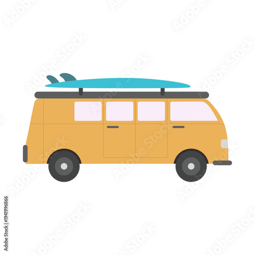 Classic campervan with surfboard on roof for summer road trip adventure